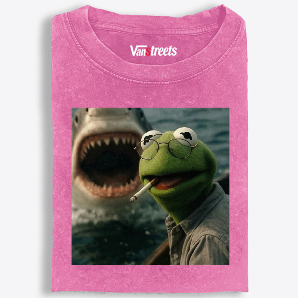 Kermit the Frog vs Great White Shark Meme Retro Washed T-Shirt | 100% Cotton | Streetwear Essential