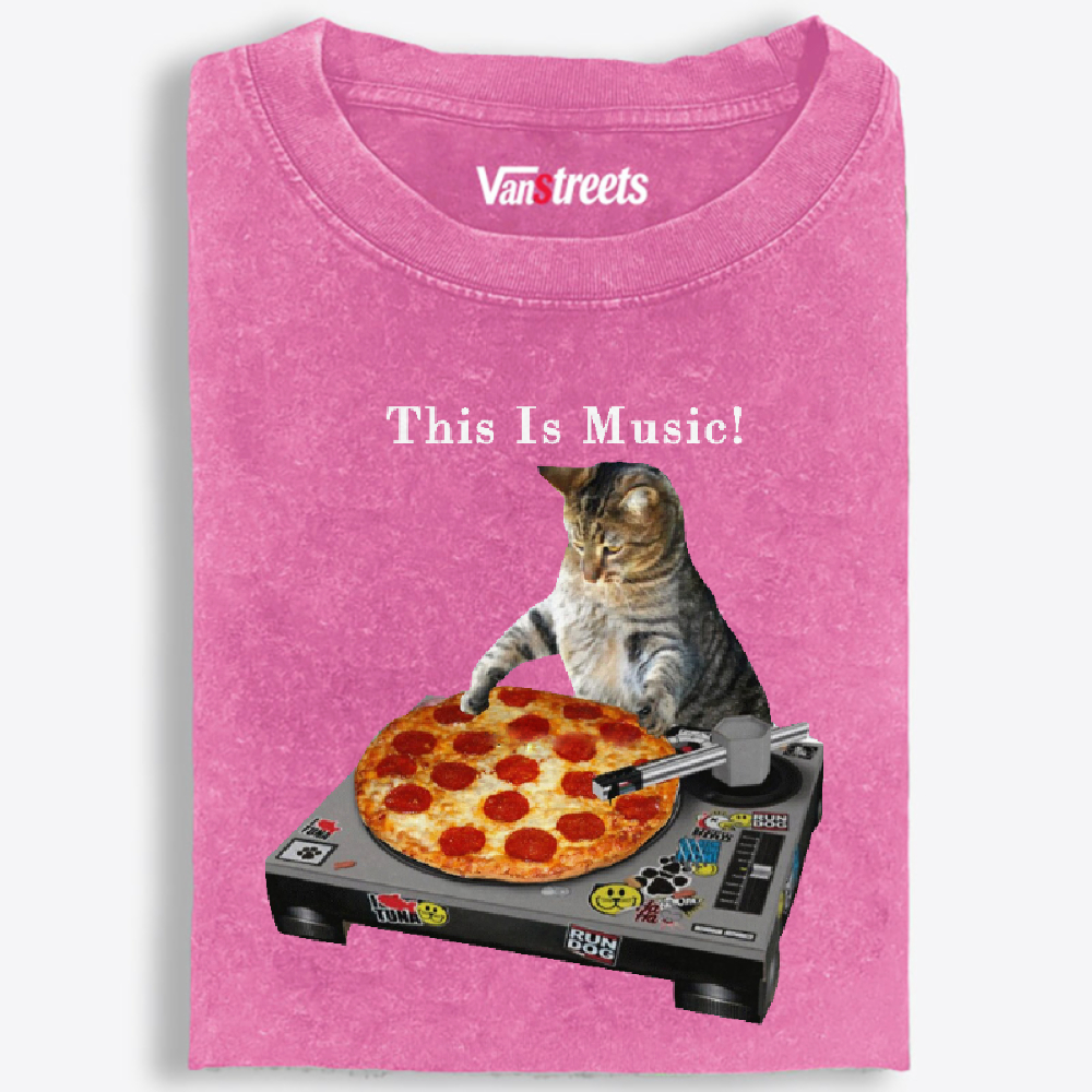 This Is Music! Pizza Turntable Cat Retro Washed T-Shirt | 100% Cotton | Streetwear Essential