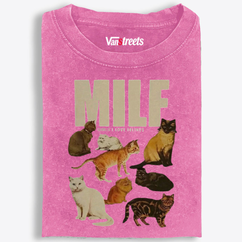 MILF "Girls I Love Felines" Retro Washed T-Shirt | 100% Cotton | Streetwear Essential