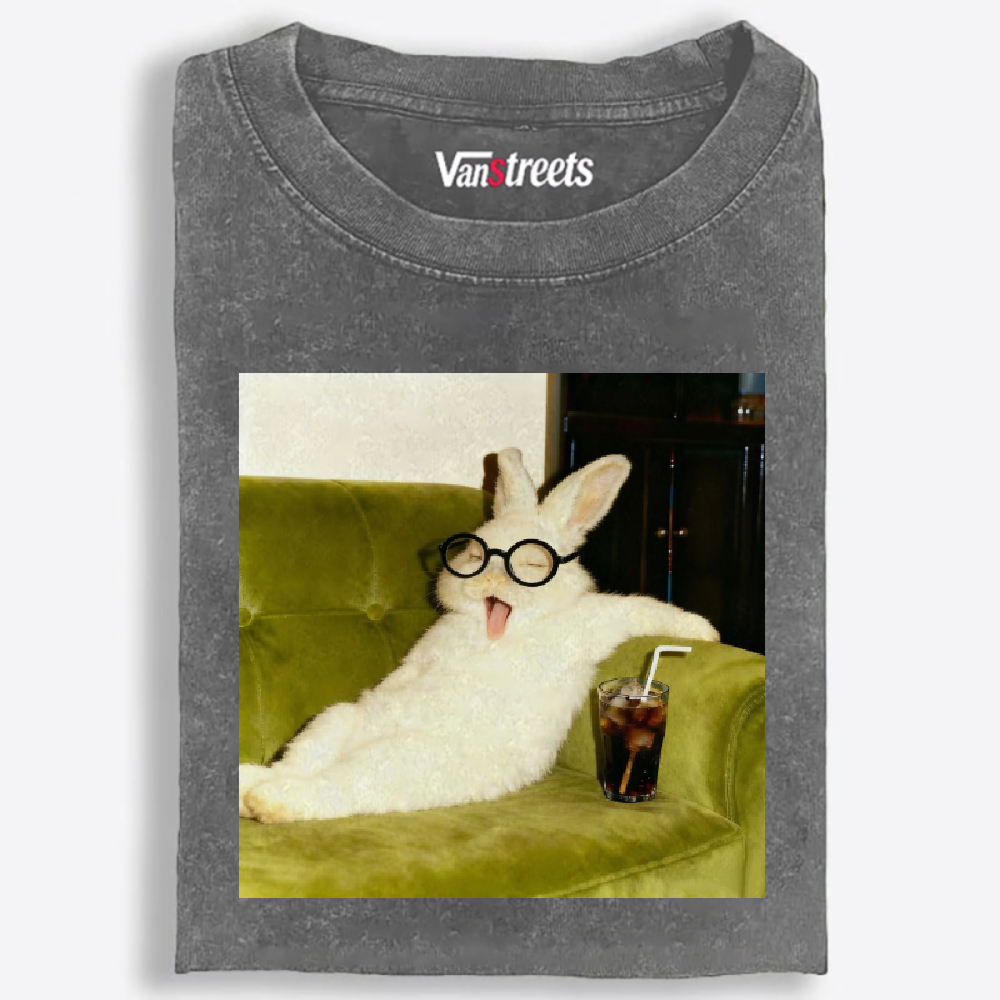 Geek Rabbit Drinking Cola Funny Retro Washed T-Shirt | 100% Cotton | Streetwear Essential