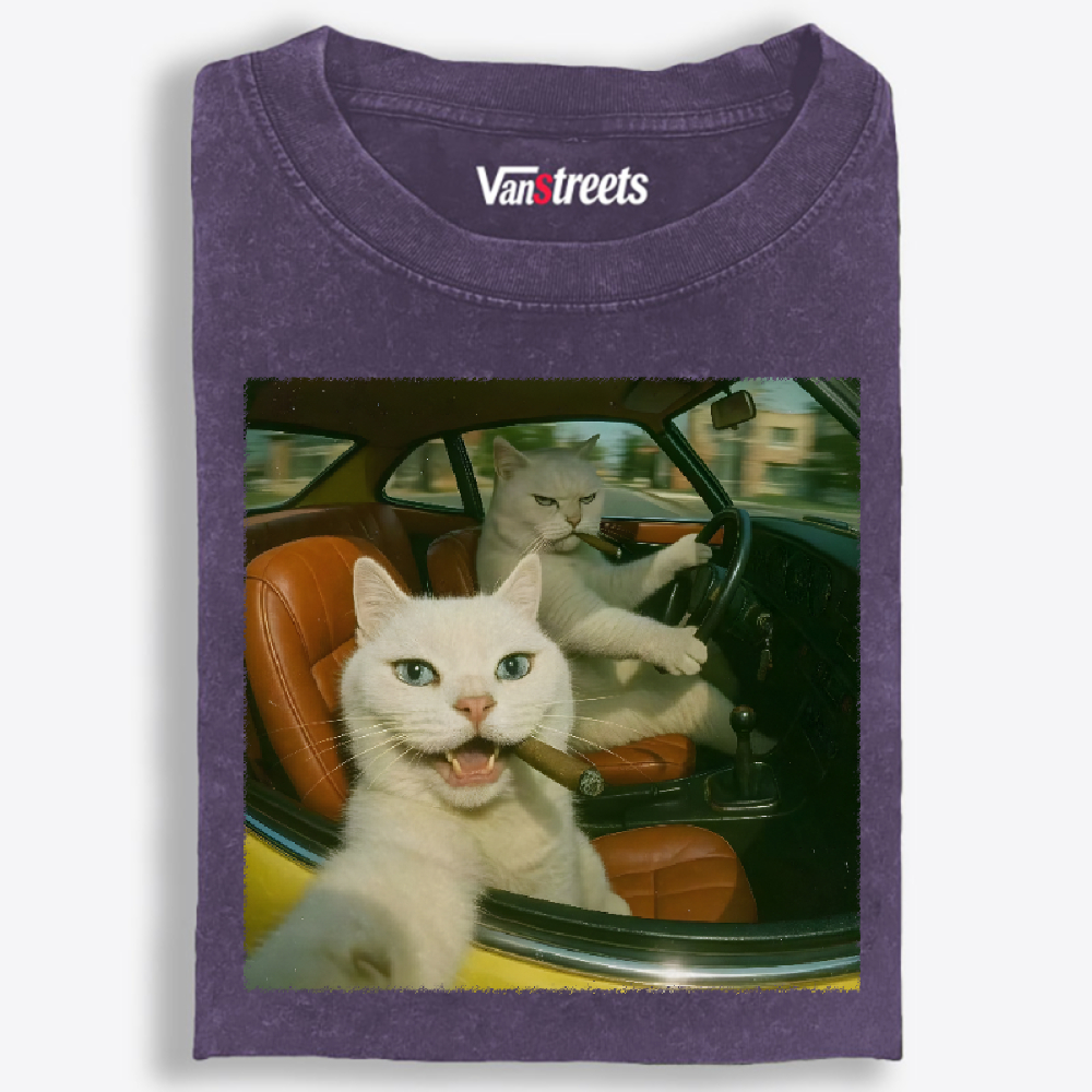 Cats With Cigars, Retro Vibes Washed T-Shirt | 100% Cotton | Streetwear Essential