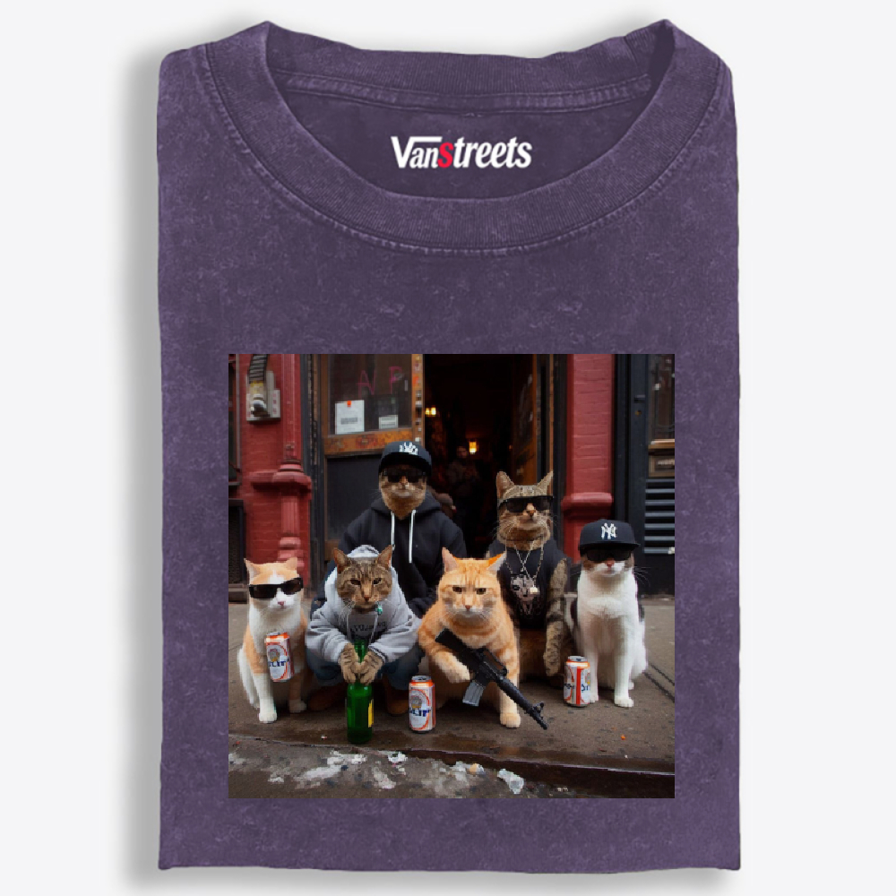 Street Gang Cats Hardcore Retro Washed T-Shirt | 100% Cotton | Streetwear Essential