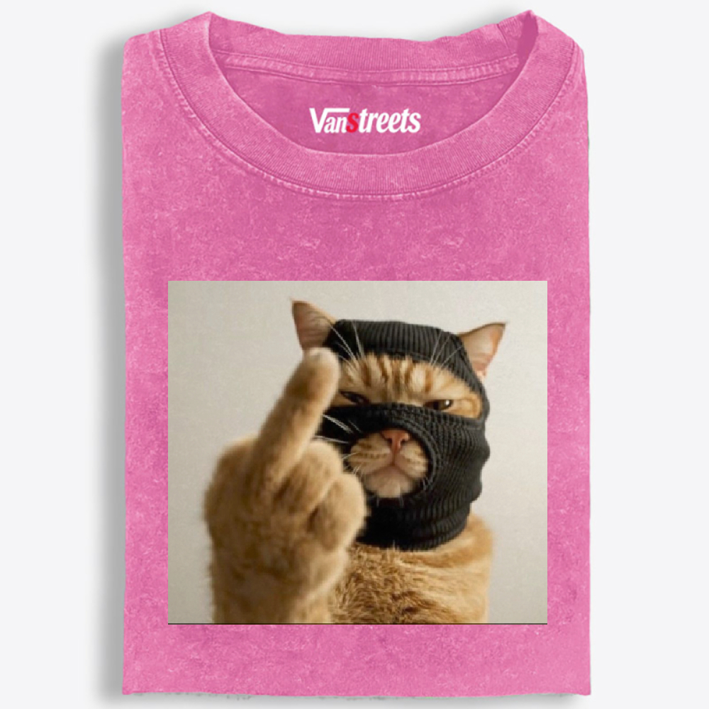 Bank Robber Cat Middle Finger Retro Washed T-Shirt | 100% Cotton | Streetwear Essential