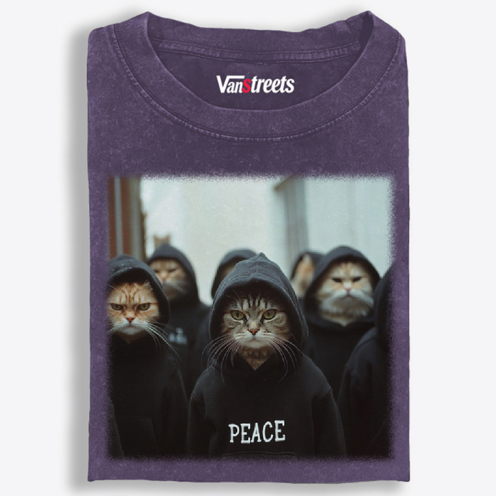 Peace Hoodie Cat Crew Graphic Washed T-Shirt | 100% Cotton | Streetwear Essential