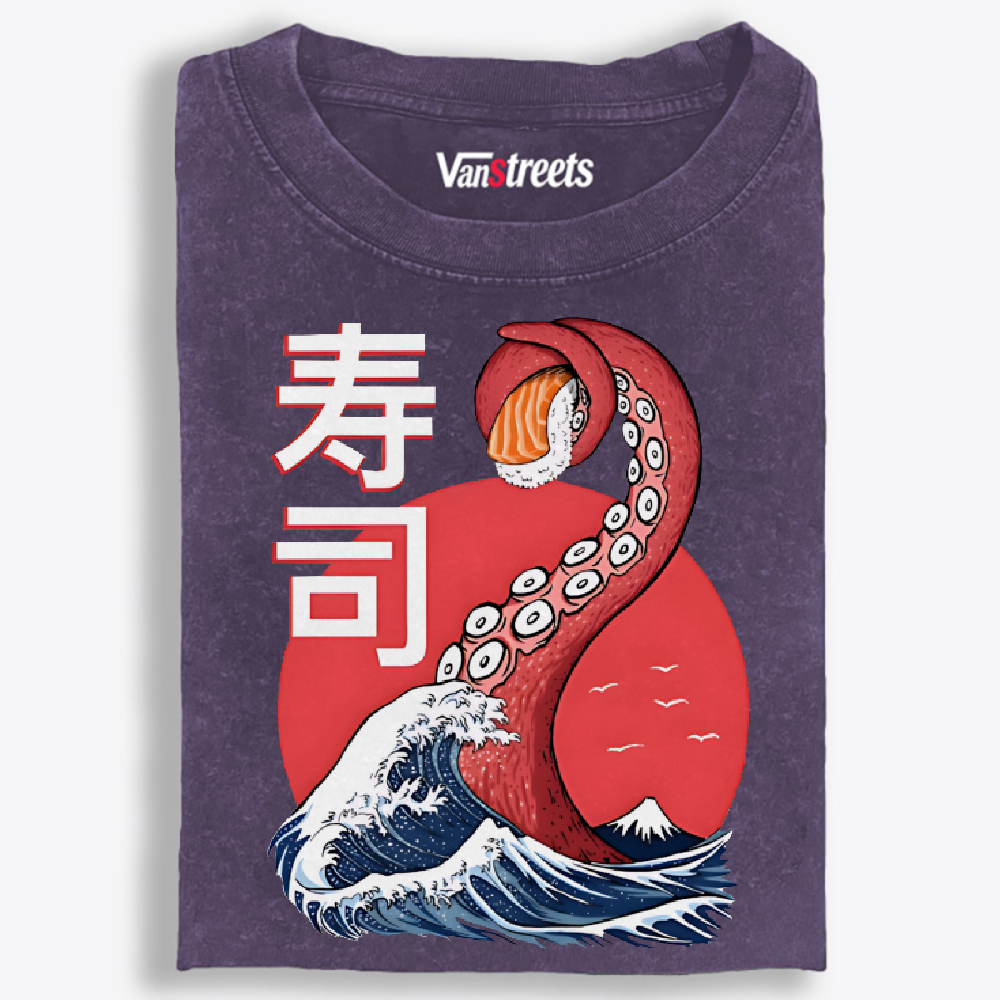 Octopus Sushi Great Wave Retro Washed T-Shirt | 100% Cotton | Streetwear Essential