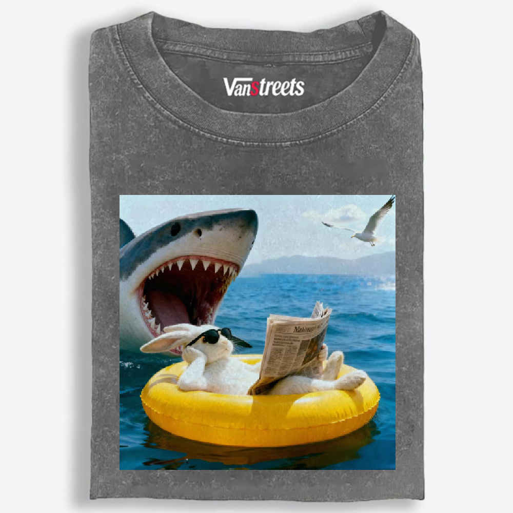 Bunny Reading Newspaper With Shark Retro Washed T-Shirt | 100% Cotton | Streetwear Essential