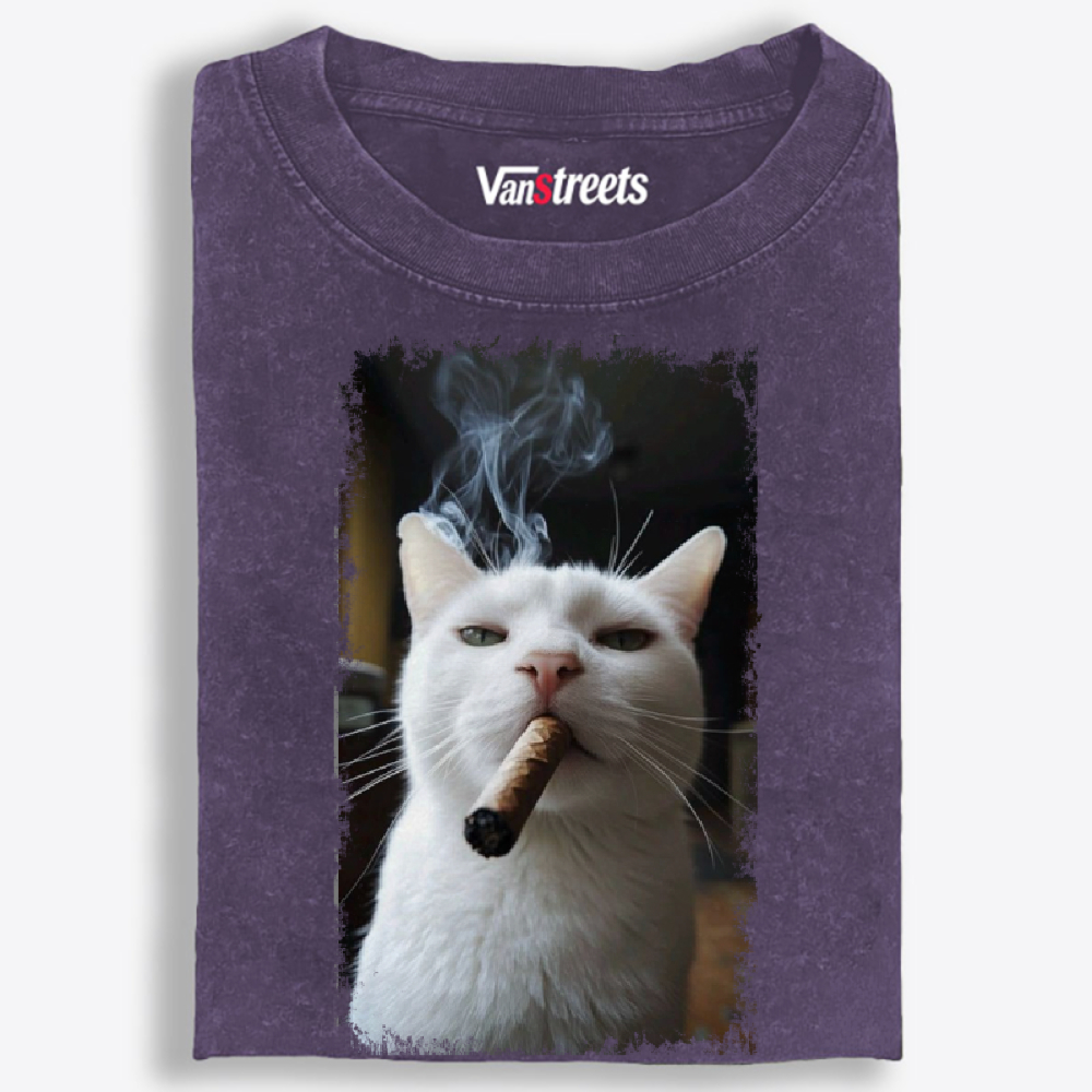 Vintage Cigar Smoking White Cat Graphic Washed T-Shirt | 100% Cotton | Streetwear Essential