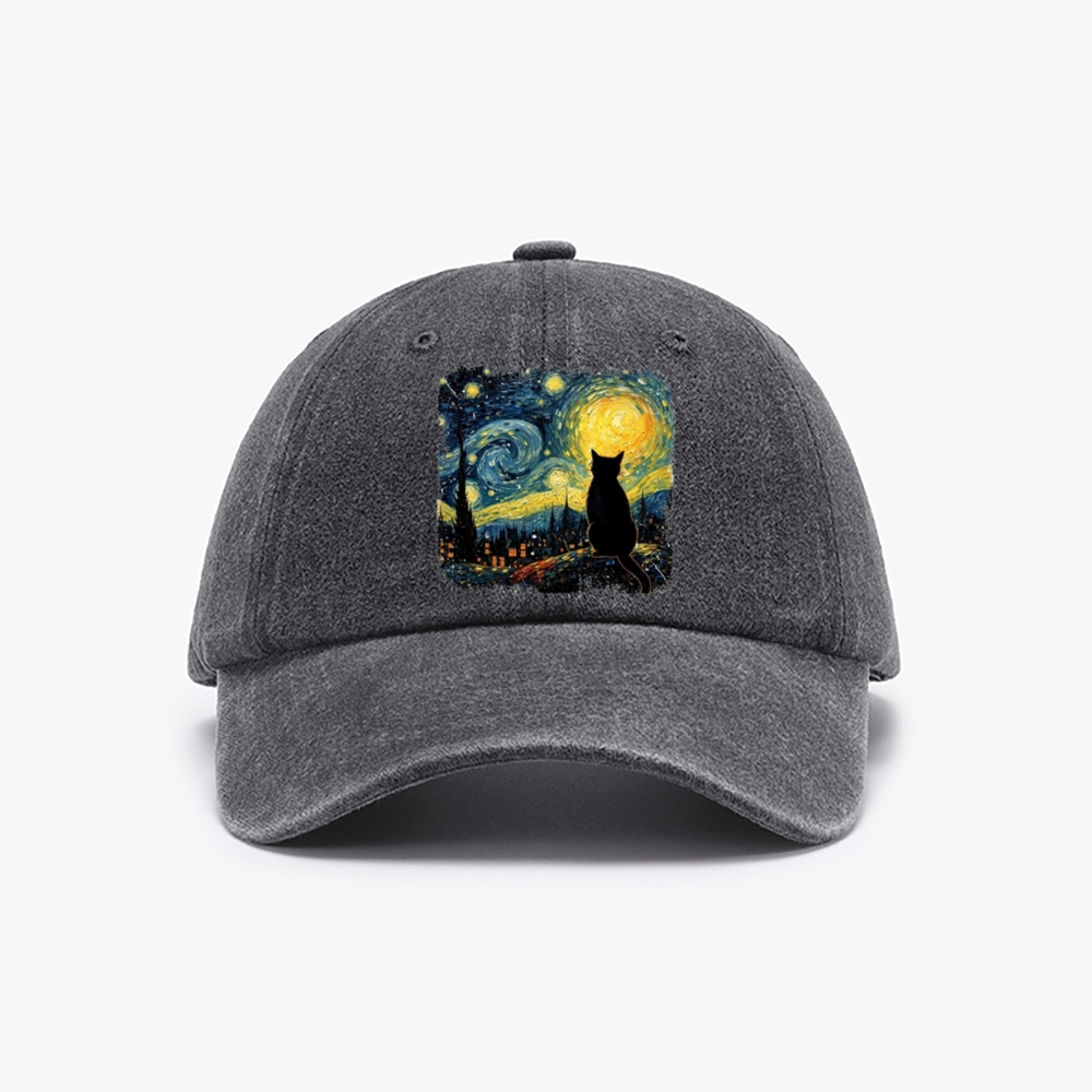 Van Gogh Starry Night Cat Retro Washed Baseball Cap
