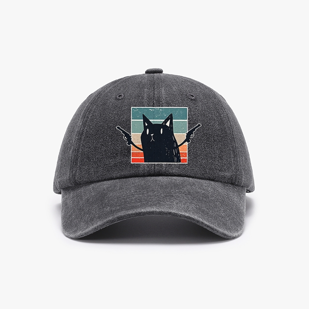 "Pew Pew Madafakas" Black Cat Retro Washed Baseball Cap