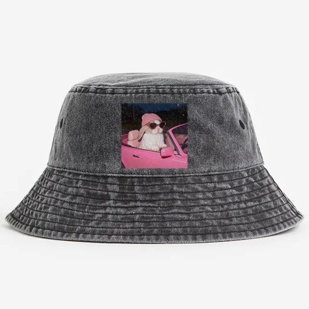 Pink Sports Car Cool Rabbit Retro Washed Bucket Hat