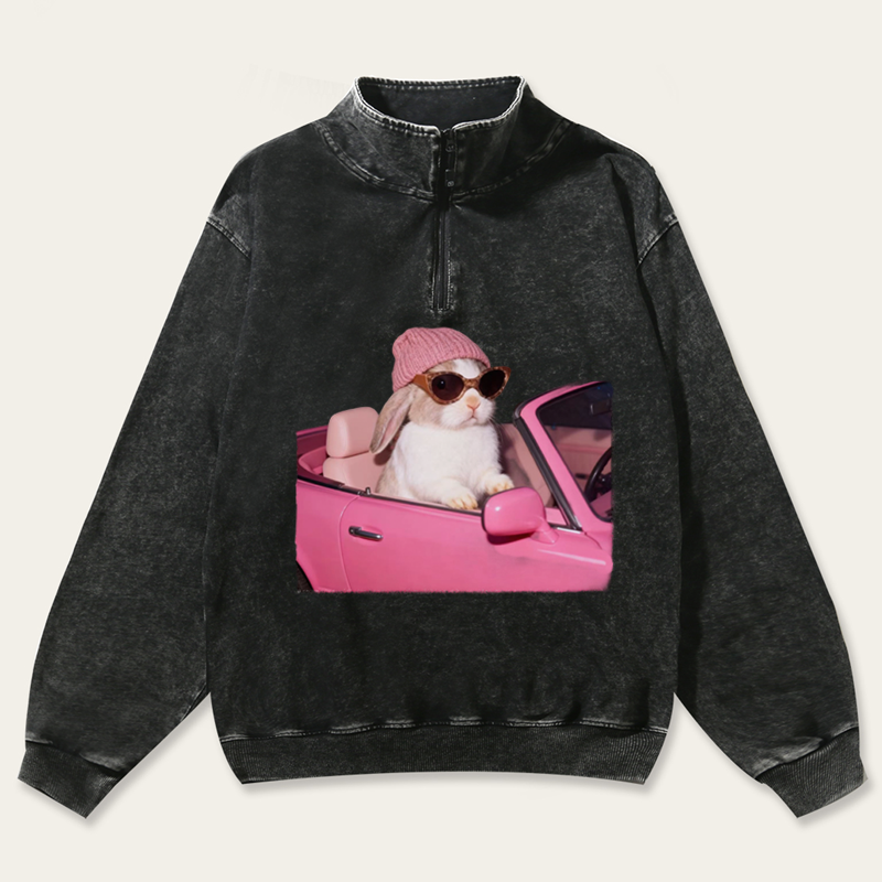 Pink Sports Car Cool Rabbit Retro Washed Zip-Up Mock Neck Sweatshirt