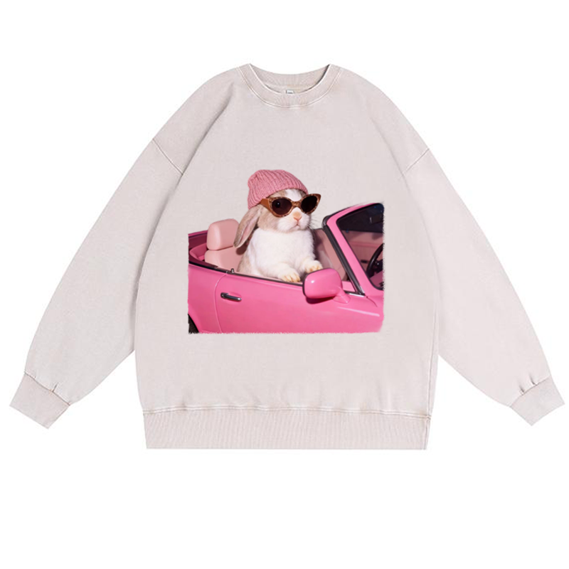 Pink Sports Car Cool Rabbit Retro Washed Sweatshirt