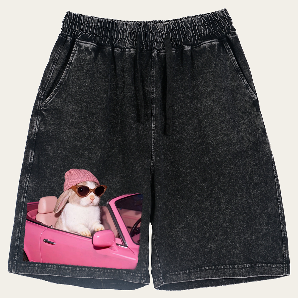 Pink Sports Car Cool Rabbit Retro Washed Shorts