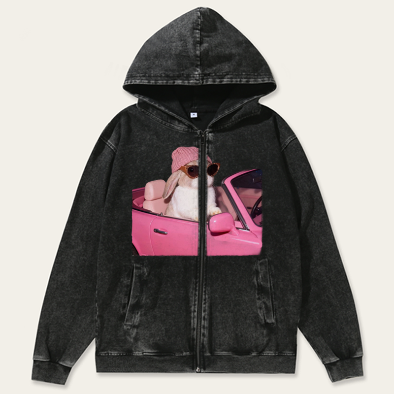 Pink Sports Car Cool Rabbit Retro Washed Zip-Up Hoodie