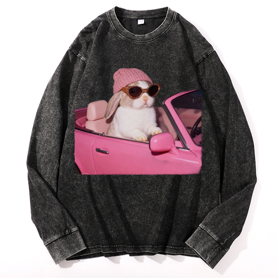 Pink Sports Car Cool Rabbit Retro Washed Long Sleeve T-Shirt