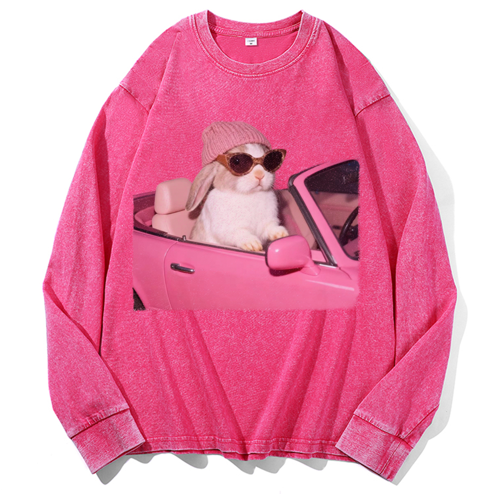 Pink Sports Car Cool Rabbit Retro Washed Long Sleeve T-Shirt