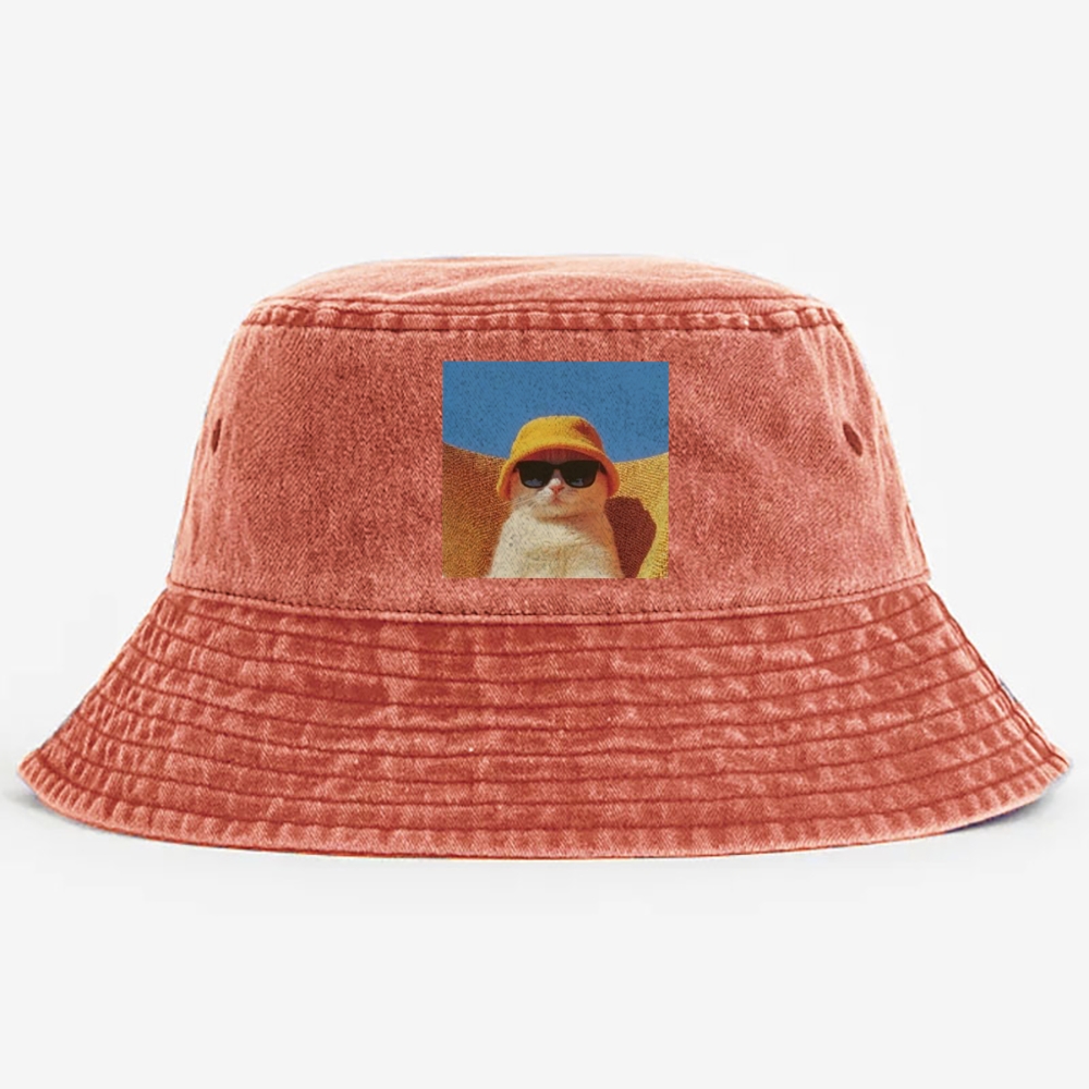 Cool Cat In Yellow Bucket Hat Streetwear Retro Vintage Washed Bucket Hat