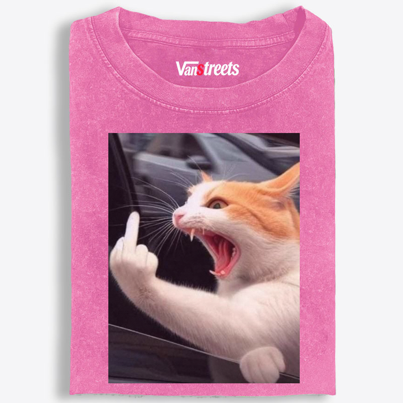 Middle Finger Cat Meme Retro Washed T-Shirt | 100% Cotton | Streetwear Essential