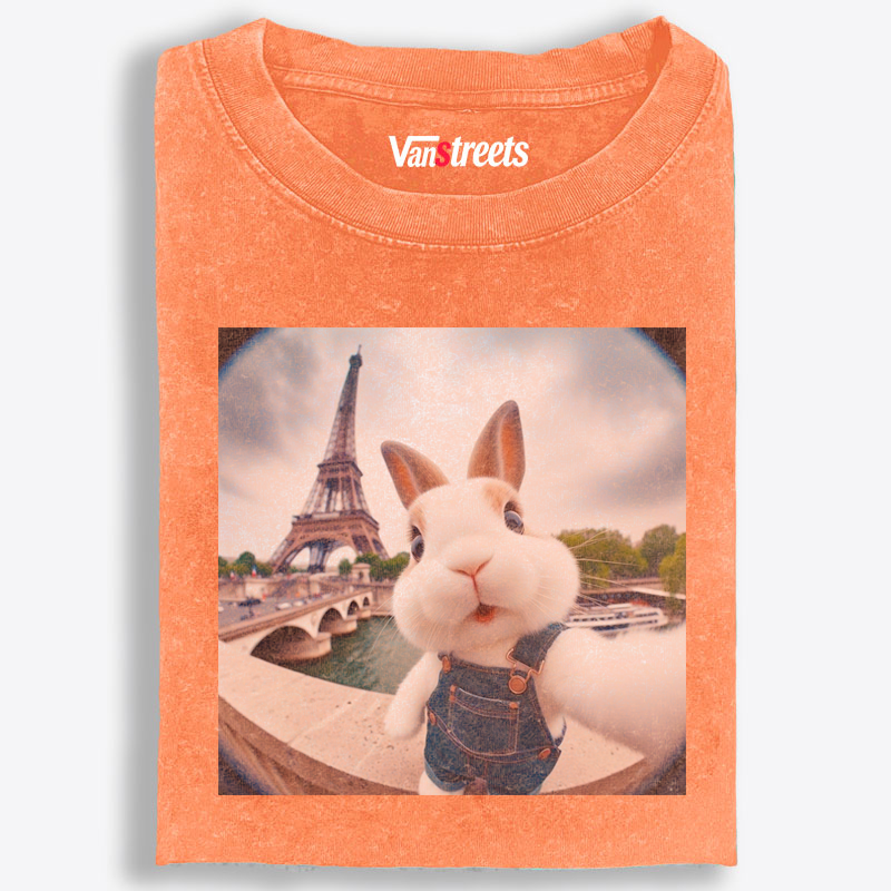 Eiffel Tower Selfie Bunny Meme Retro Washed T-Shirt | 100% Cotton | Streetwear Essential