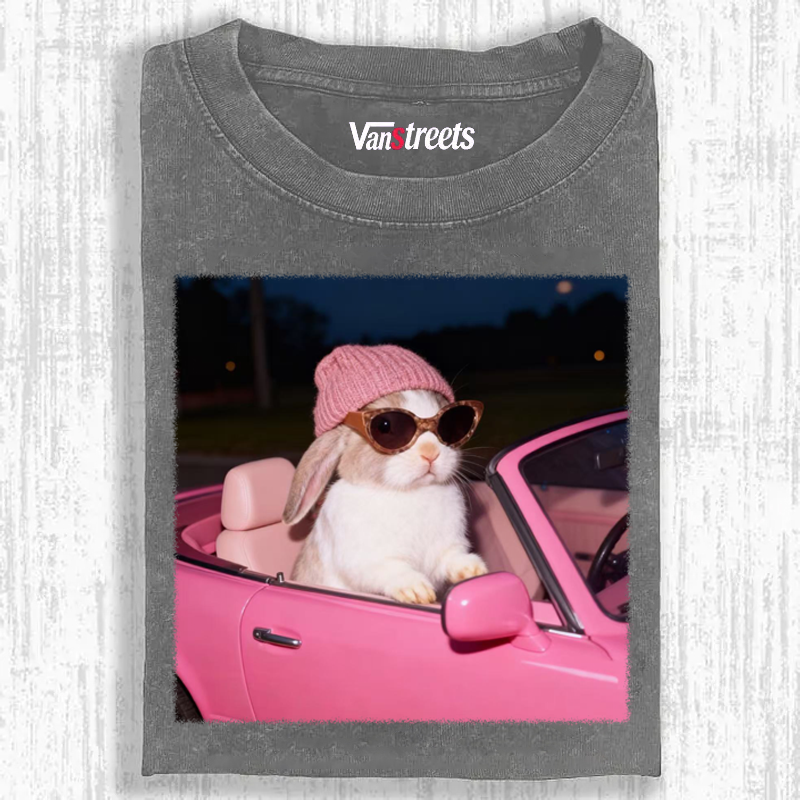 Fashion Bunny Cruising In Pink Car Retro Washed T-Shirt | 100% Cotton | Streetwear Essential