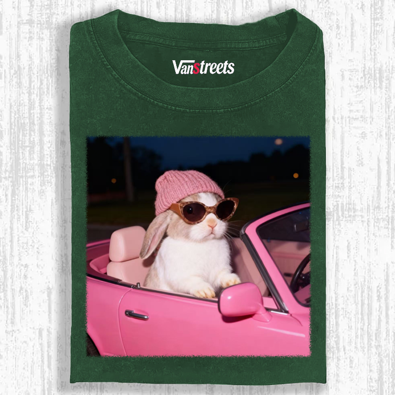 Fashion Bunny Cruising In Pink Car Retro Washed T-Shirt | 100% Cotton | Streetwear Essential