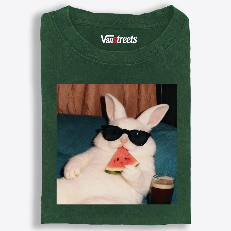Rabbit Eating Watermelon Sunglasses Retro Washed T-Shirt | 100% Cotton | Streetwear Essential
