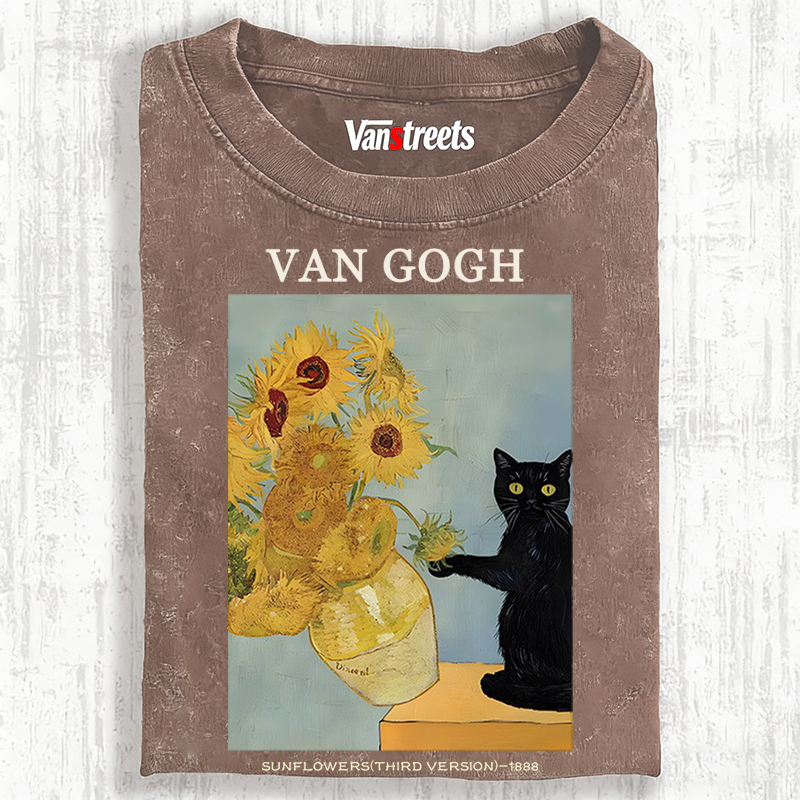 Playful Cat Meets Van Gogh Sunflowers Retro Washed T-Shirt | 100% Cotton | Streetwear Essential