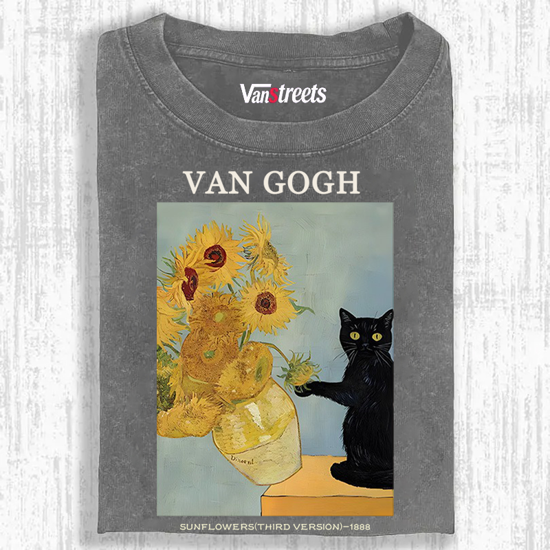 Playful Cat Meets Van Gogh Sunflowers Retro Washed T-Shirt | 100% Cotton | Streetwear Essential