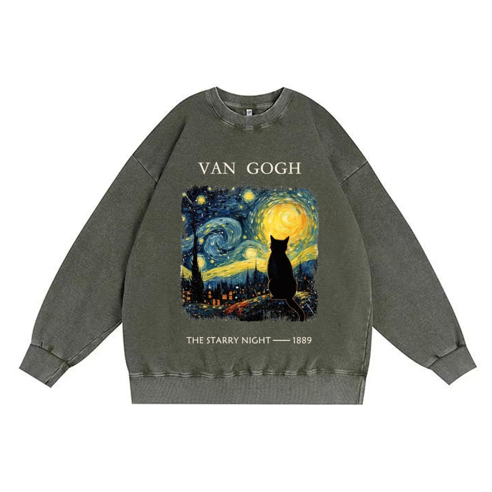 Van Gogh Starry Night Cat Retro Premium Washed Cotton Crewneck Sweatshirt