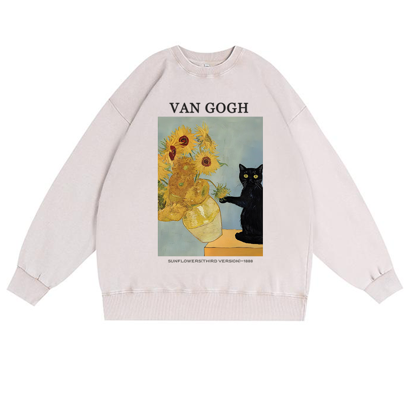 Playful Cat Meets Van Gogh Sunflowers Retro Premium Washed Cotton Crewneck Sweatshirt