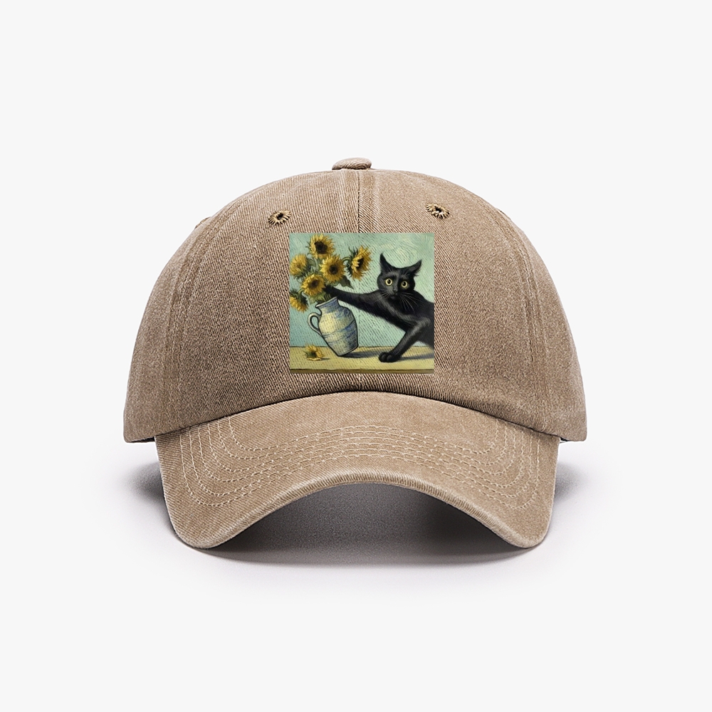 Van Gogh's Cat with Sunflowers Retro Washed Baseball Cap