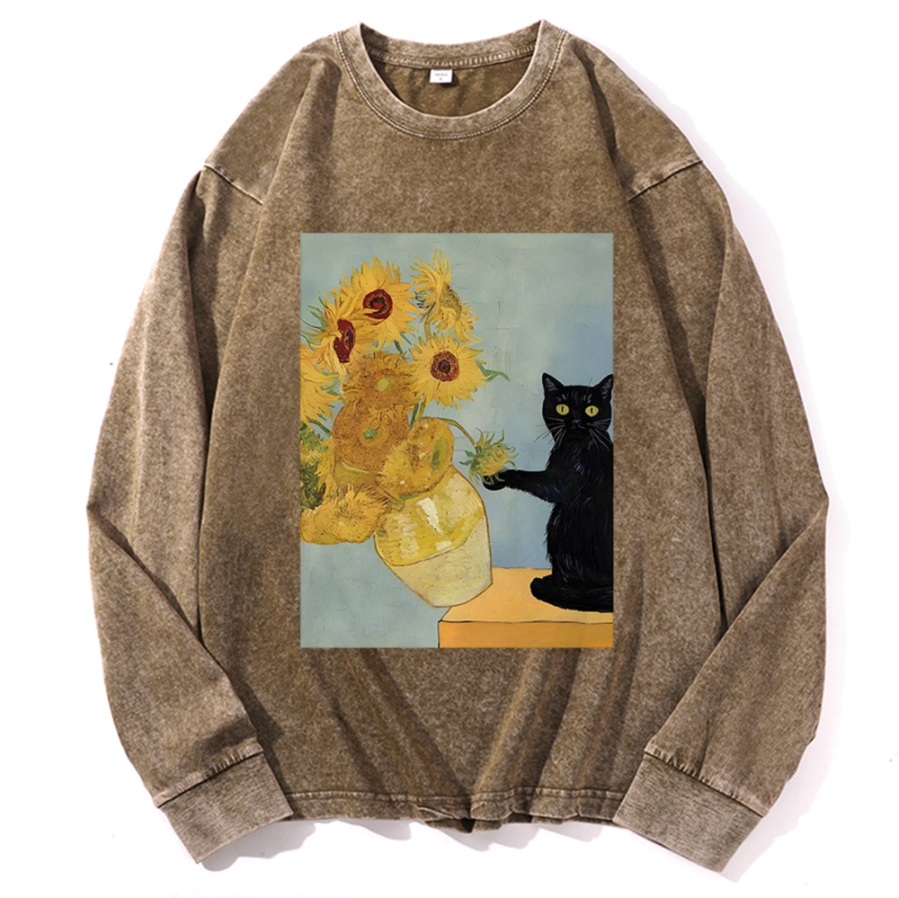 Van Gogh Sunflowers Black Cat Retro Washed Long Sleeve T-Shirt