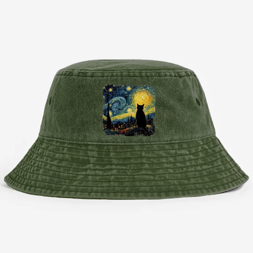 Van Gogh Starry Night Cat Retro Vintage Washed Bucket Hat