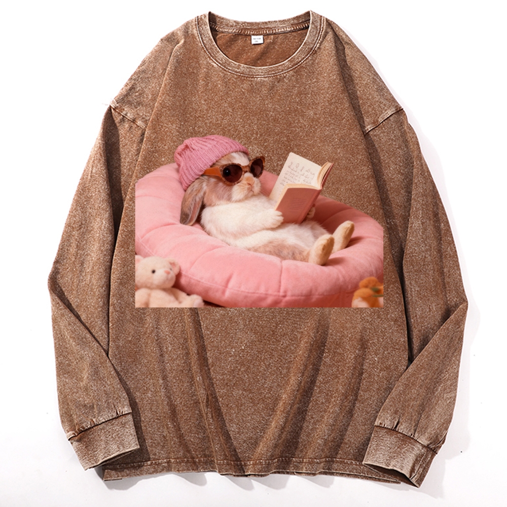 Bunny Bookish Rabbit Retro Washed Long Sleeve T-Shirt