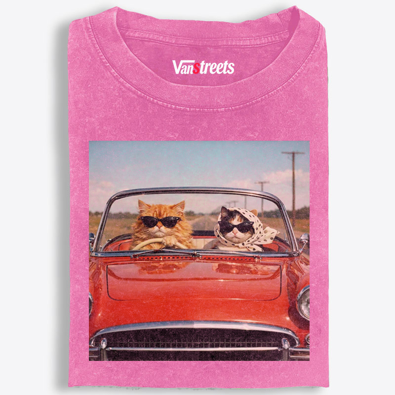 Cats In Red Convertible Road Trip Meme Retro Washed T-Shirt | 100% Cotton | Streetwear Essential