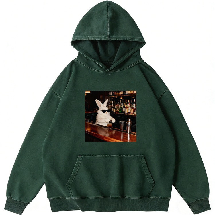 Bartender Rabbit Cool Guy Retro Washed Hoodide | 100% Cotton | Streetwear Essential