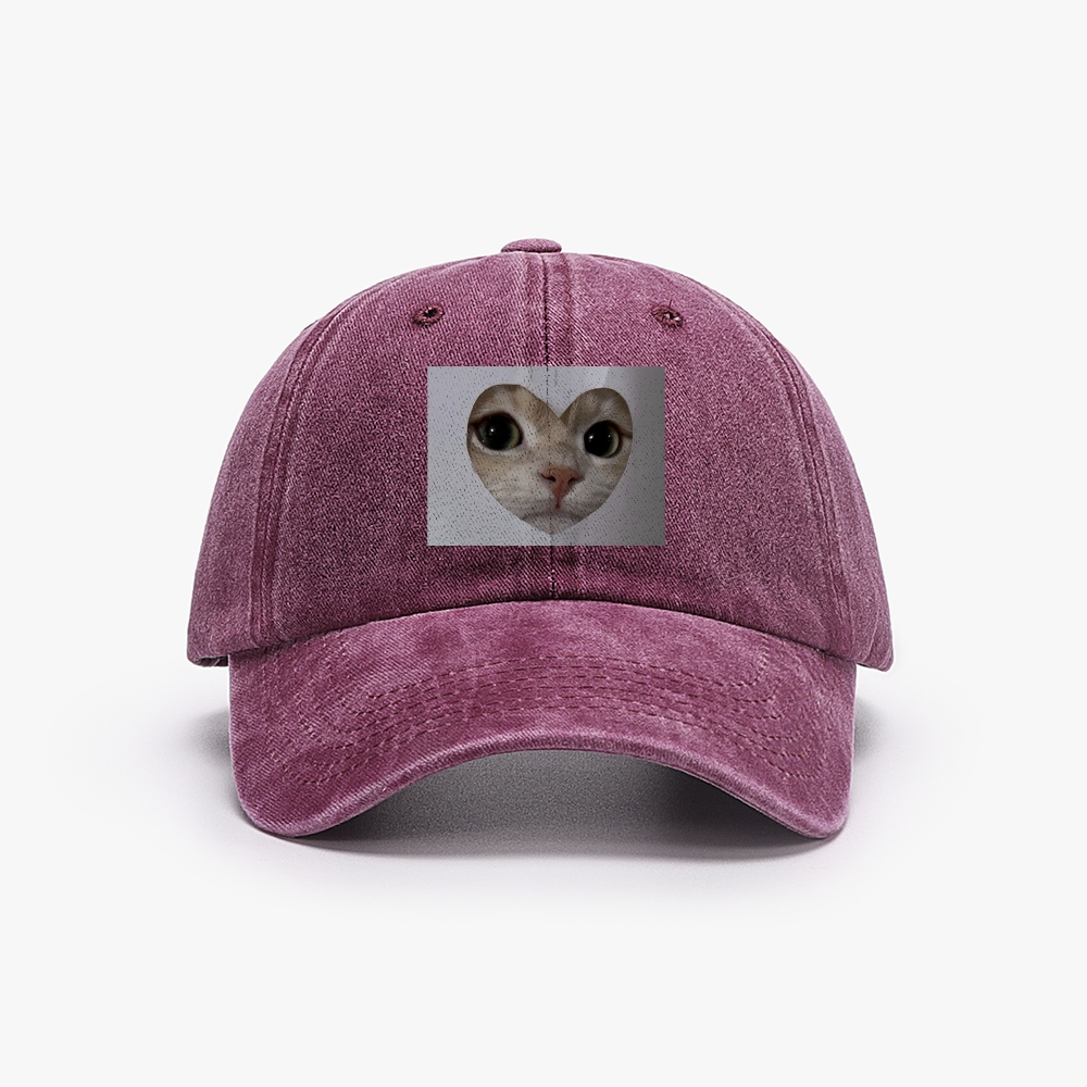 Heart Cutout Cat Face Retro Washed Baseball Cap