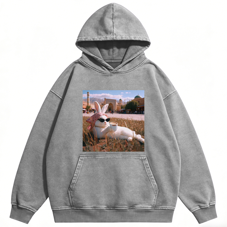 Rabbit Drinking Tea Uyghur Style Retro Washed Hoodie