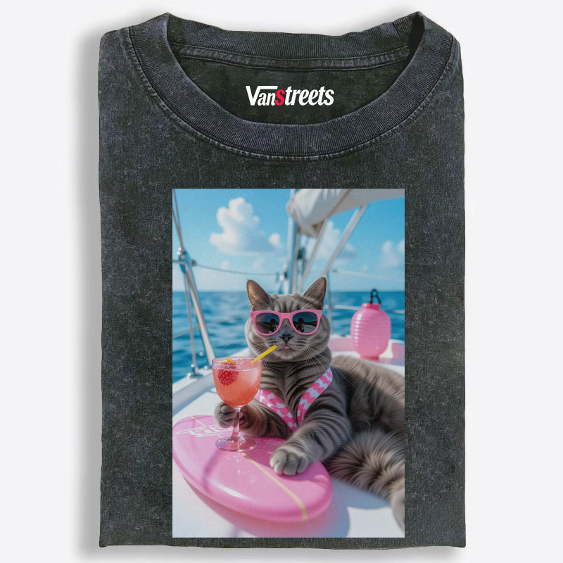Yacht Vacation Cat Washed T-Shirt | 100% Cotton | Streetwear Essential