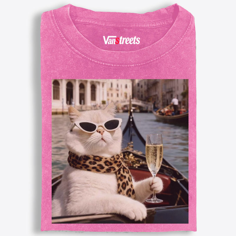 Bunny Venice Cat with Champagne Retro Washed T-Shirt | 100% Cotton | Streetwear Essential