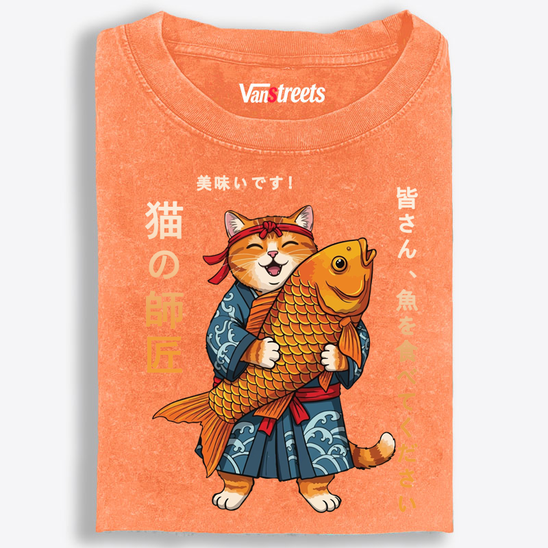 Cat Master Koi Fish Retro Washed T-Shirt | 100% Cotton | Streetwear Essential