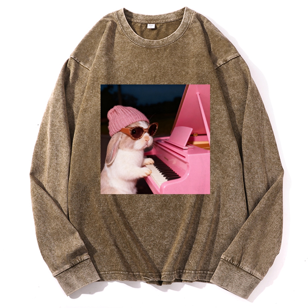 Bunny The Piano Rabbit Retro Washed Long Sleeve T-Shirt