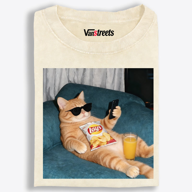 Snack Time Orange Cat Washed T-Shirt | 100% Cotton | Streetwear Essential