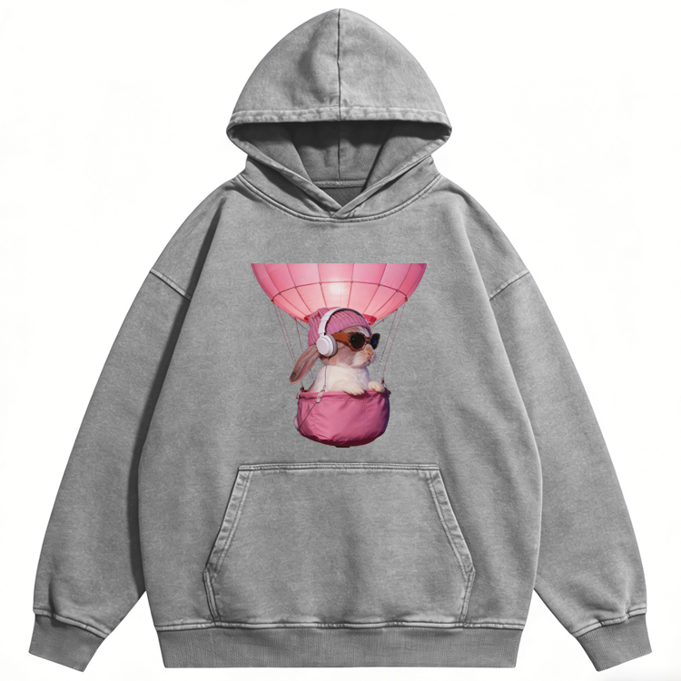 Hot Air Balloon Travel Rabbit Retro Washed Hoodide | 100% Cotton | Streetwear Essential