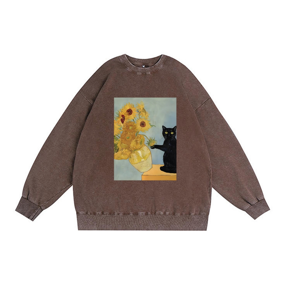 Van Gogh Sunflowers Black Cat Retro Premium Washed Cotton Crewneck Sweatshirt