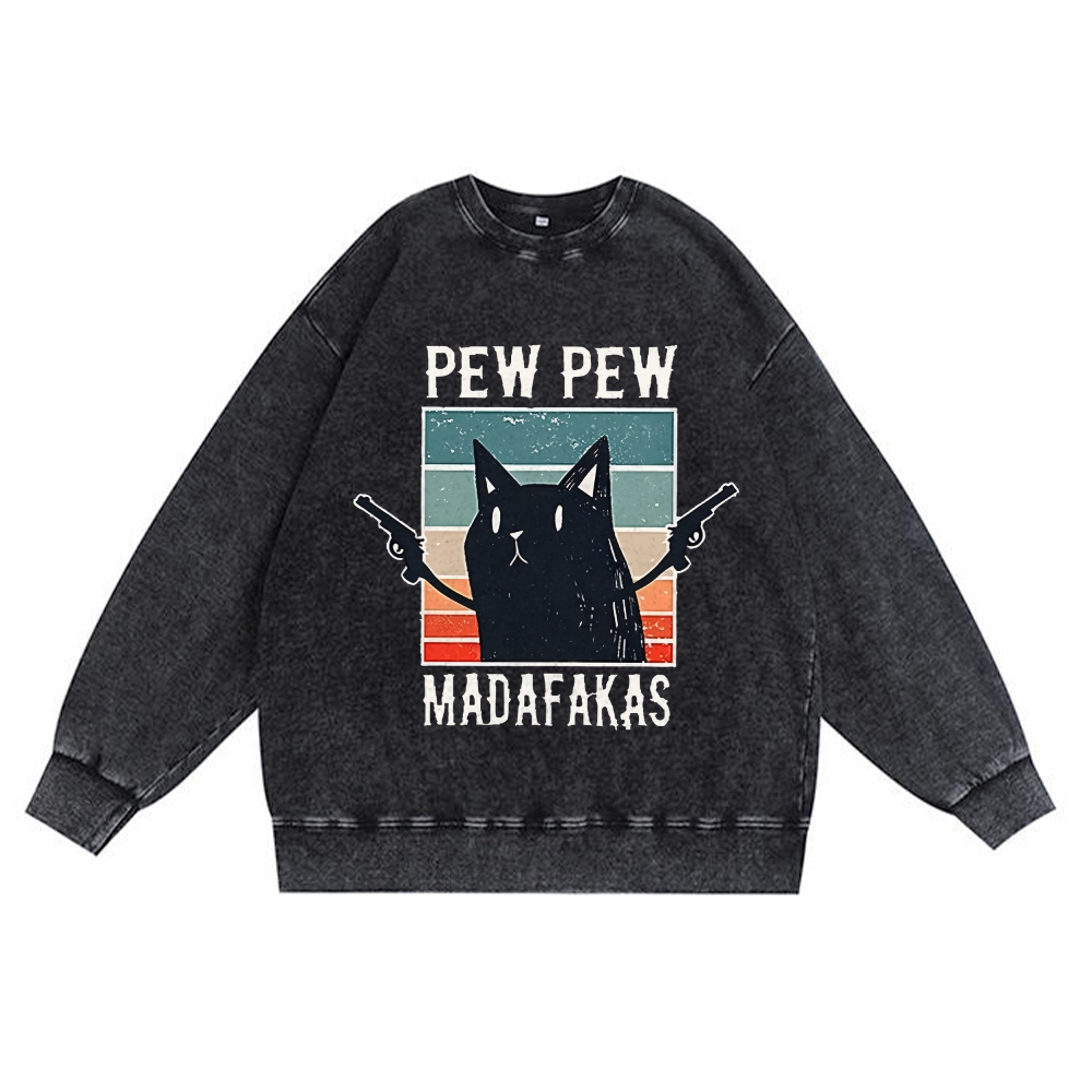 "Pew Pew Madafakas" Black Cat Retro Premium Washed Cotton Crewneck Sweatshirt