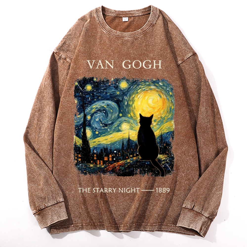 Van Gogh Starry Night Cat Retro Washed Long Sleeve T-Shirt