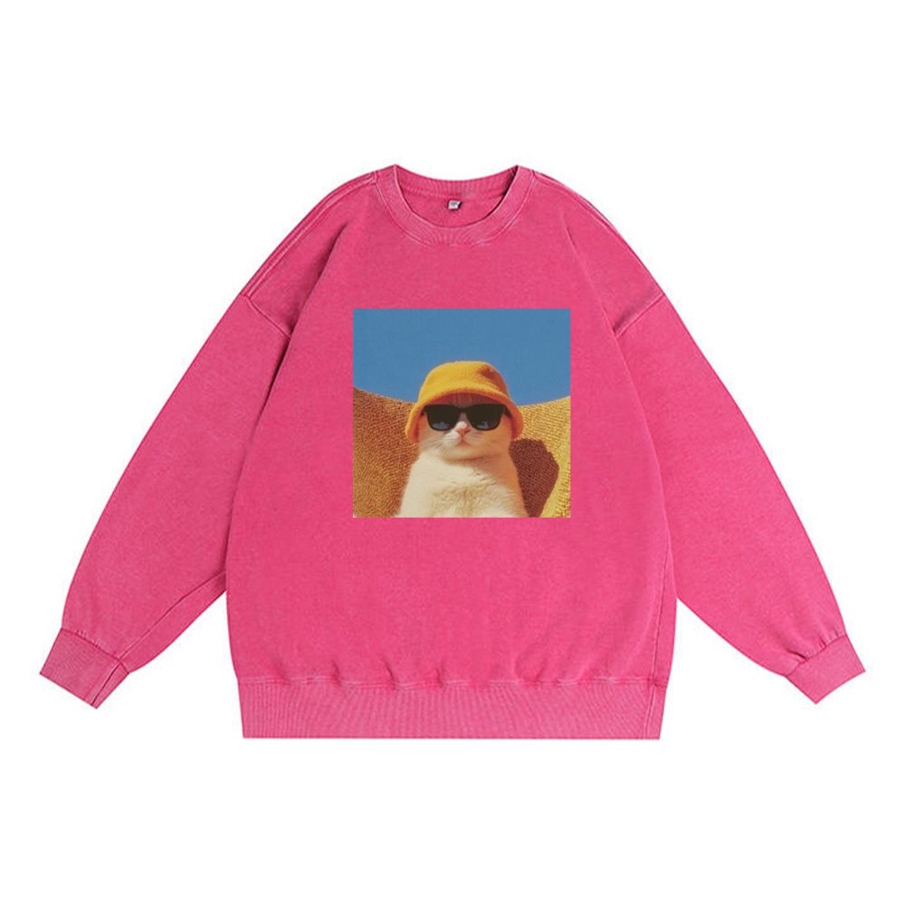 Cool Cat In Yellow Bucket Hat Streetwear Retro Premium Washed Cotton Crewneck Sweatshirt