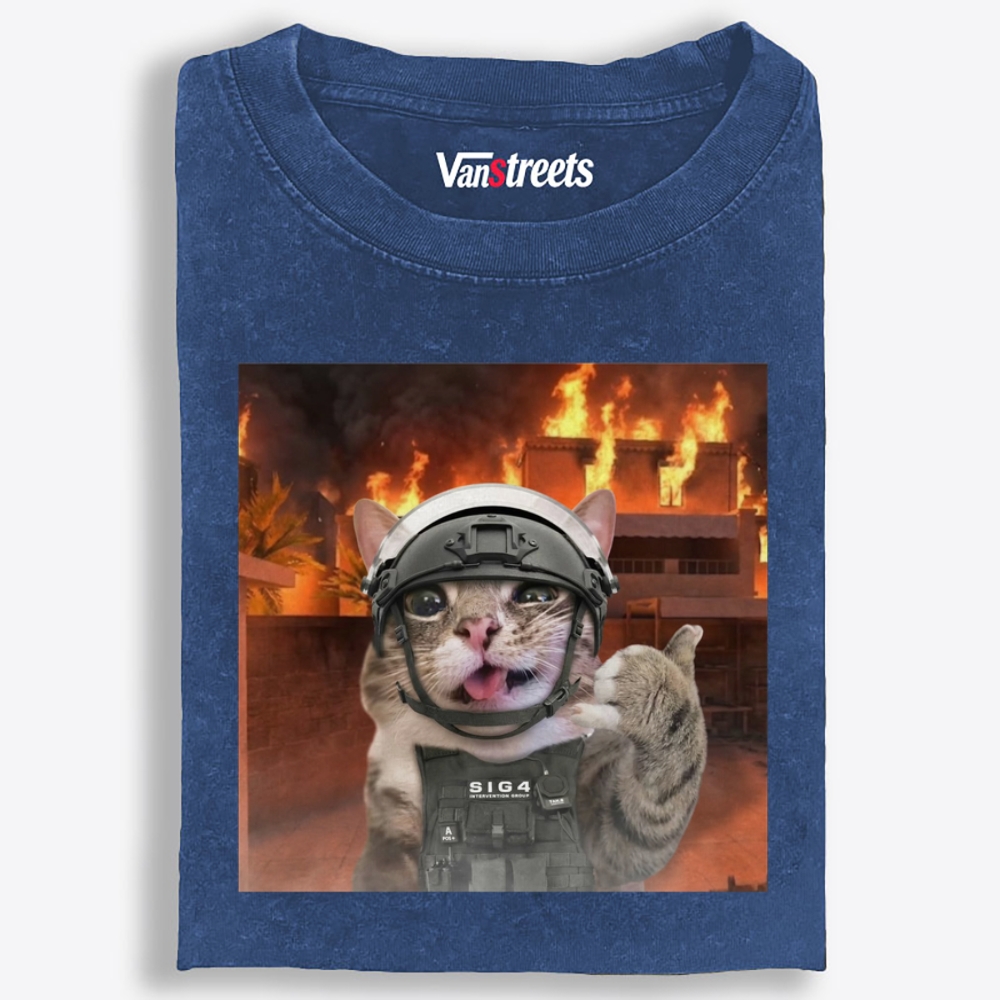 Tactical Cat In Fire Meme Retro Washed T-Shirt | 100% Cotton | Streetwear Essential