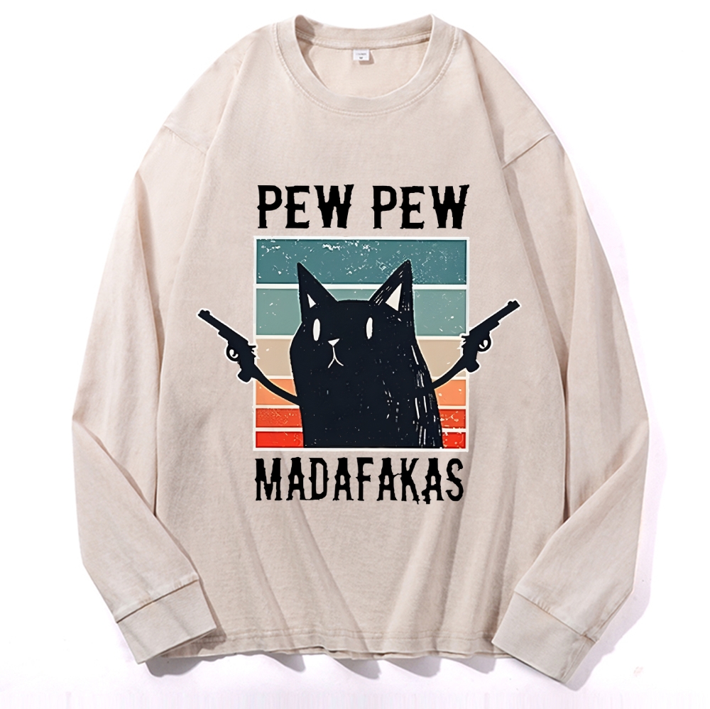 "Pew Pew Madafakas" Black Cat Retro Washed Long Sleeve T-Shirt